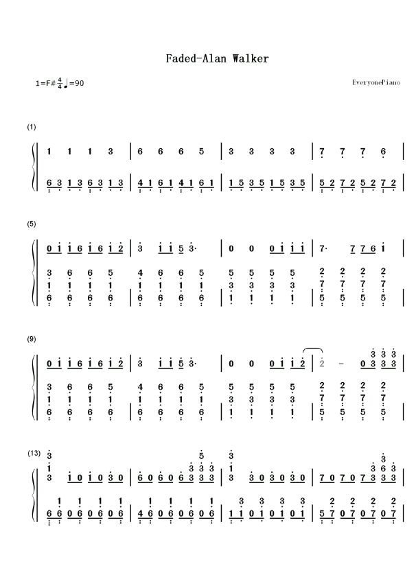 Faded纯音乐简谱，高清图，直接输数字也可以