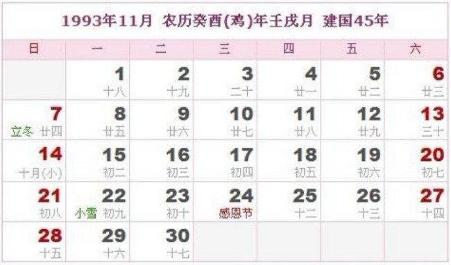 1993年农历阳历对照表