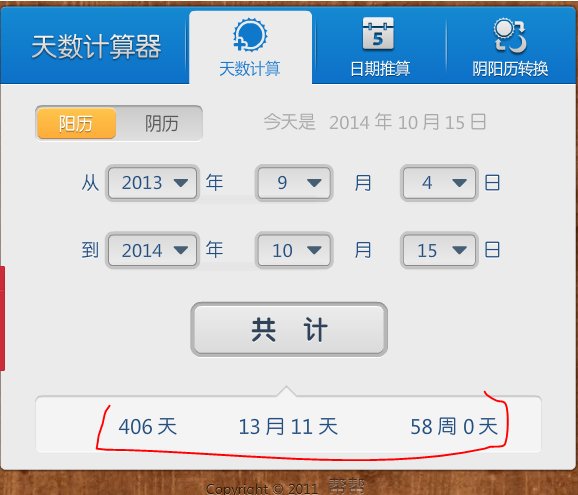 2013 年 9月4日到2014年 10月15日 一共多少个月,多少天,多少个小时,多