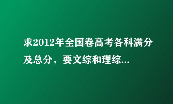 求2012年全国卷高考各科满分及总分，要文综和理综各科的具体分数