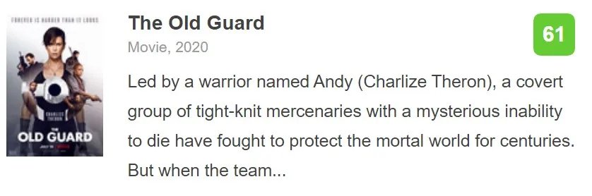 查理兹·塞隆漫改动作新片《永生守卫》M站61分 烂番茄新鲜度70%